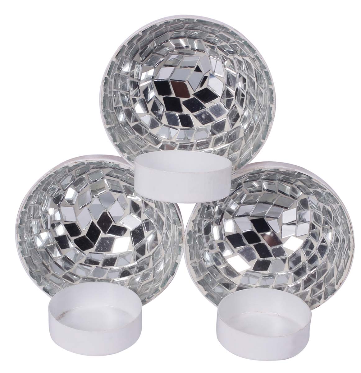 6” Wall-Mounted 3 Tea-Light Holders in Iron with Mirror-Work - White- Mosaic Art / Home Decor from India - Buy in Bulk Wholesale